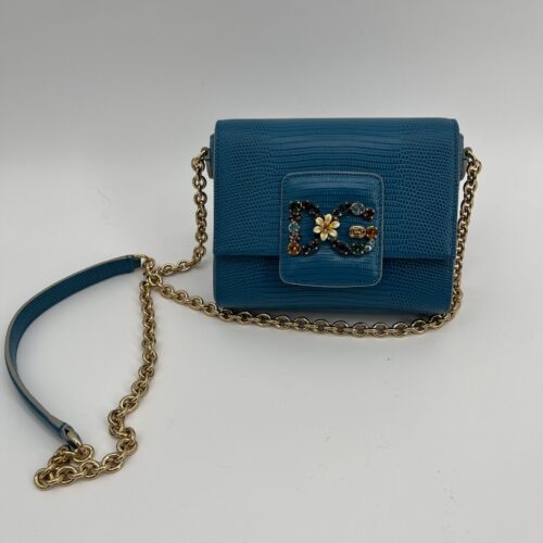 Bag - Dolce & Gabbana Blue Iguana Embossed Leather Mini DG Millennials Crossbody Bag