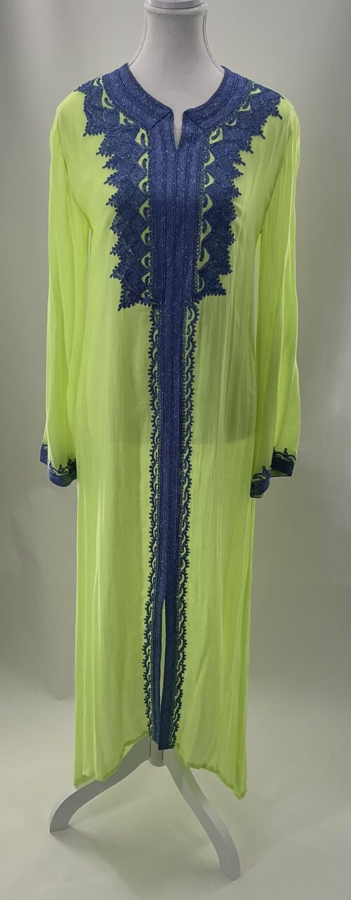 Dress - Caftan Neon Green Embroidered in Lilac
