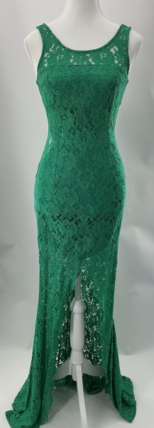 Party Dress - Long Green Lace Dress Front Slit