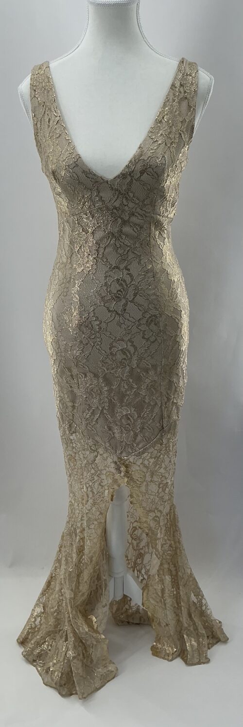Party Dress - Long Gold Lace Dress Front Slit