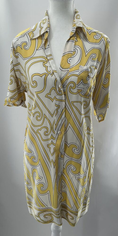 Dress - Shirt Silk Dress White with Yellow Print DASLU