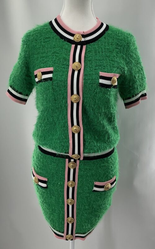 Set - Skirt and Cardigan Green “fur” Fabric