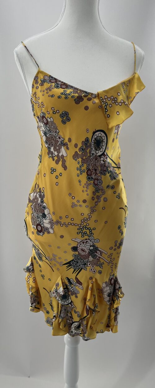 Dress - Yellow Floral Silk Ruffled Dress