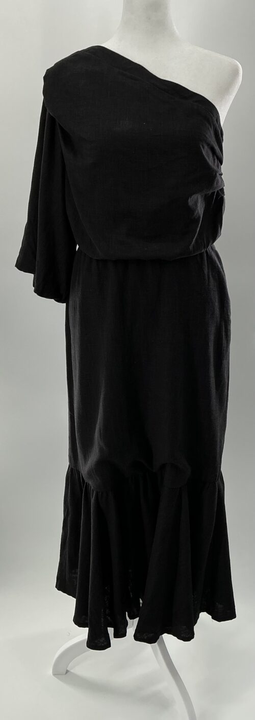 Dress - Long Black Linnen  Dress 1 Shoulder